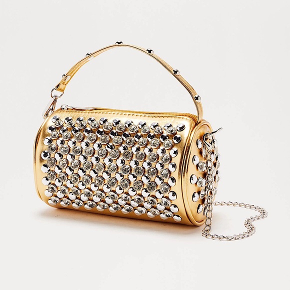 NWT👀🌟⚡️✨🪩Gold Rhinestone Studded Barrel Bag🪩✨⚡️🌟 - Picture 2 of 3